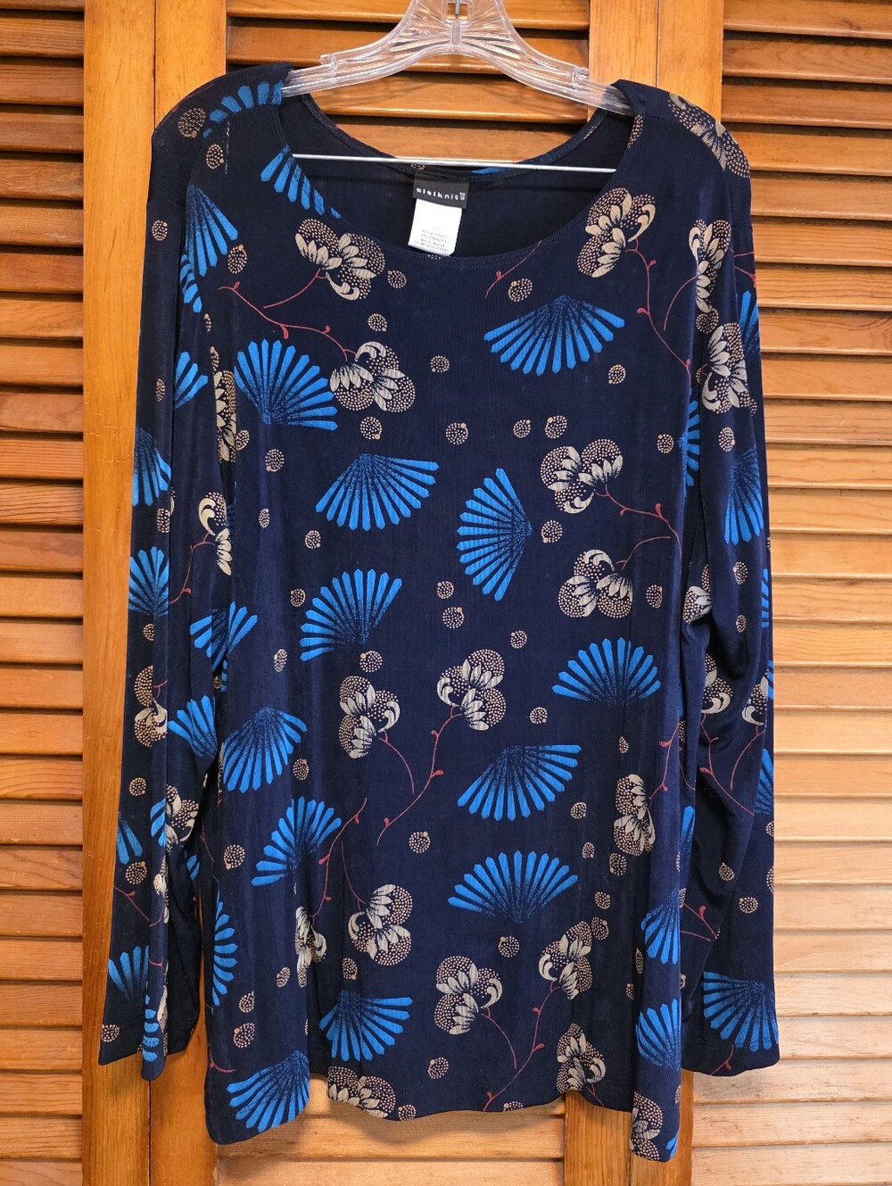 VTG 90s Citiknits NWT Navy Fan Floral Slinky Knit Blouse Top 1X